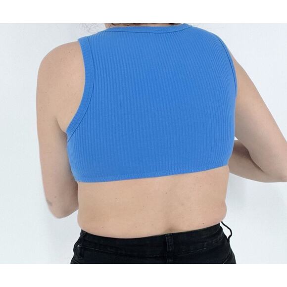 Women's Blue Ribbed Crewneck Asymmetrical Hem Crop Top Size Small - Picture 2 of 3